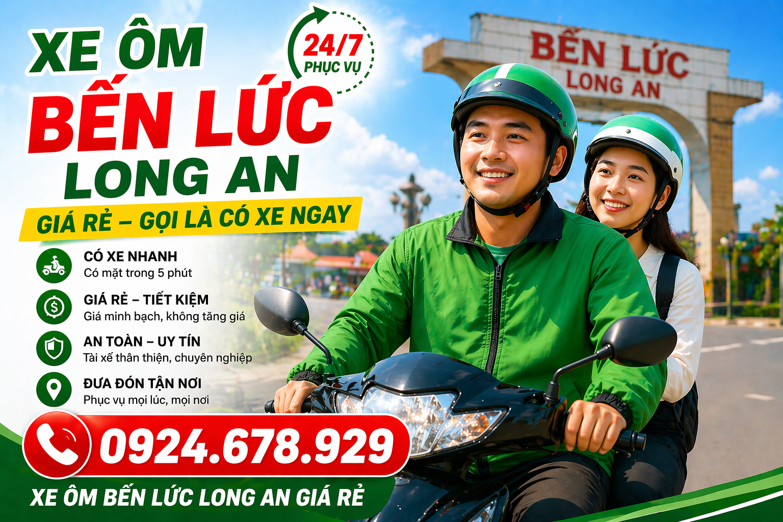 Xe ôm Bến Lức Long An giá rẻ 24/7, gọi xe nhanh chóng, đưa đón tận nơi. Hotline 0924.678.929 – có xe ngay sau vài phút.