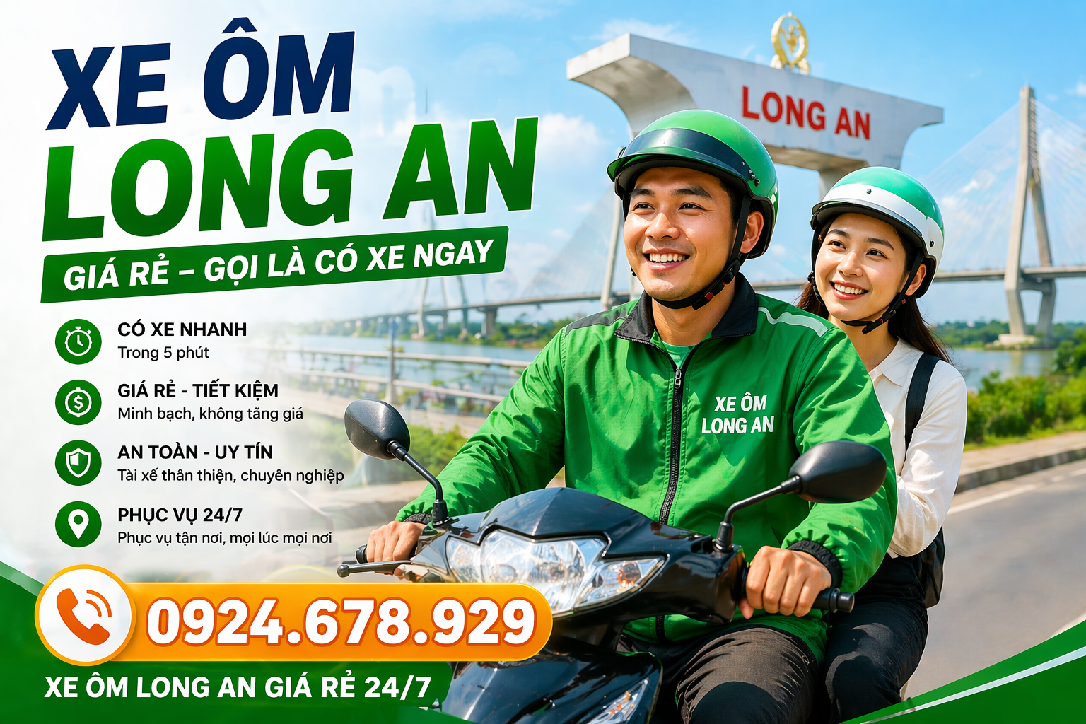 Xe ôm Long An giá rẻ 24/7, gọi xe nhanh chóng, đưa đón tận nơi. Hotline 0924.678.929 – có xe ngay chỉ sau vài phút.